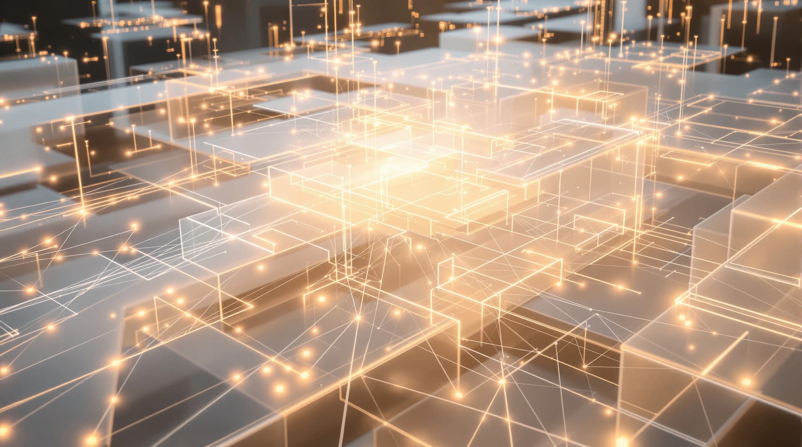 Abstract 3D visualization of layered geometric planes with glowing nodes and interconnected pathways in warm tones, representing complex system architecture and information flow.