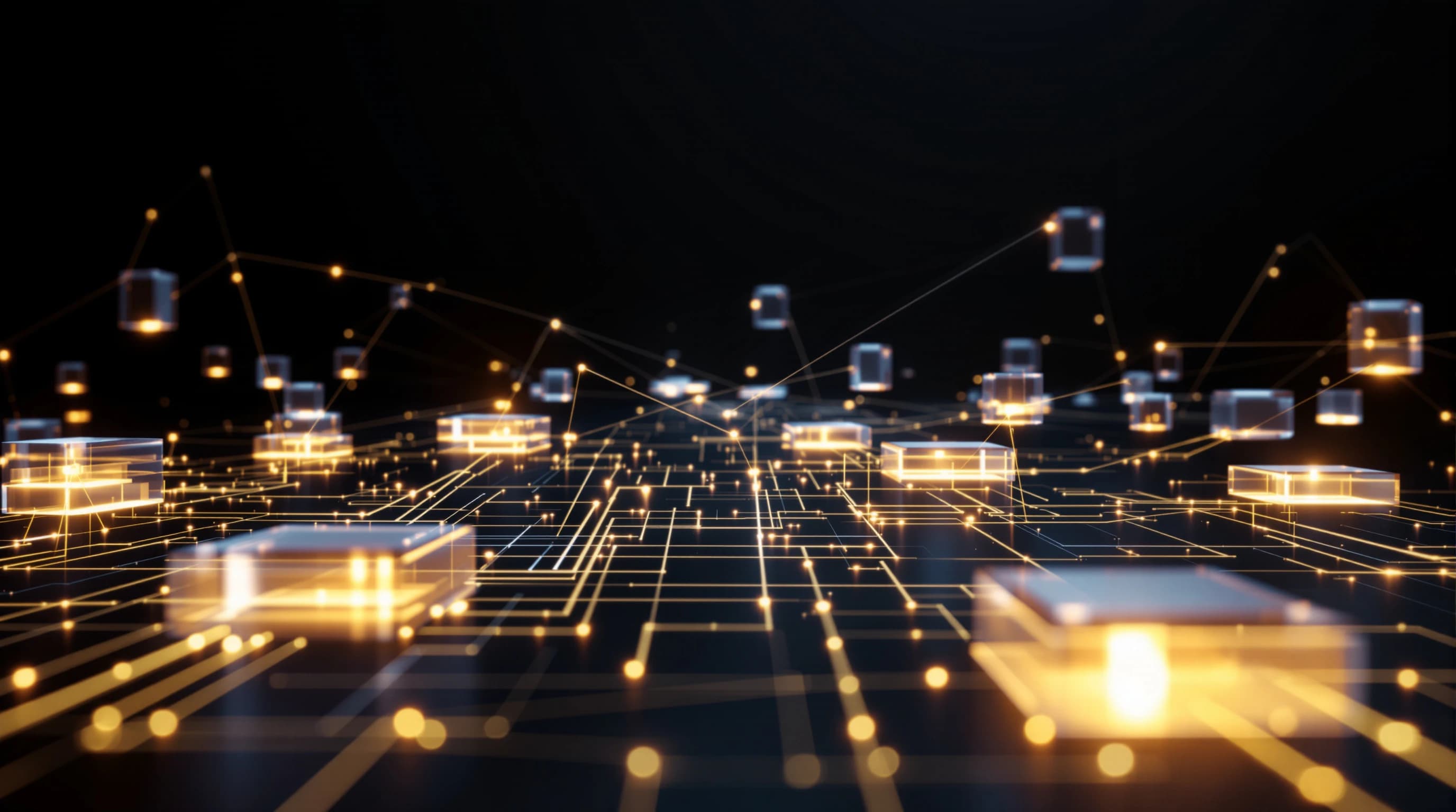 Abstract 3D visualization of interconnected network nodes and data pathways with glowing light connections on a dark background, representing modular system architecture.
