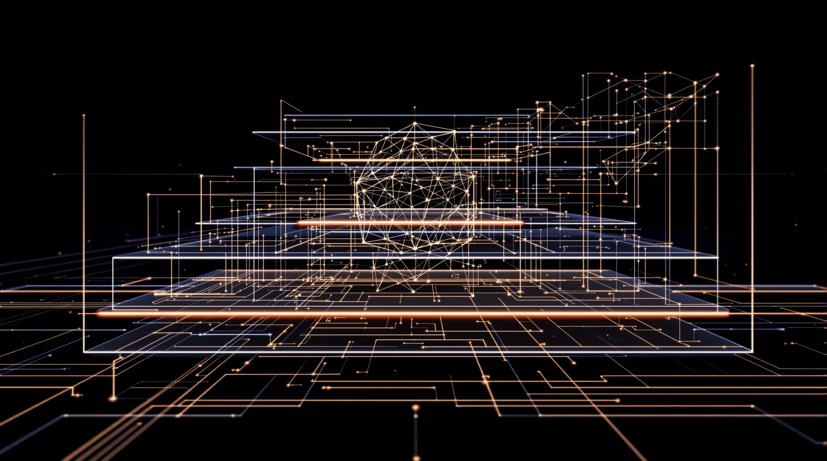 Abstract layered architectural diagram with interconnected geometric nodes and flowing pathways on a dark background, illustrating system infrastructure evolution from simple to complex structures with warm accent lighting.