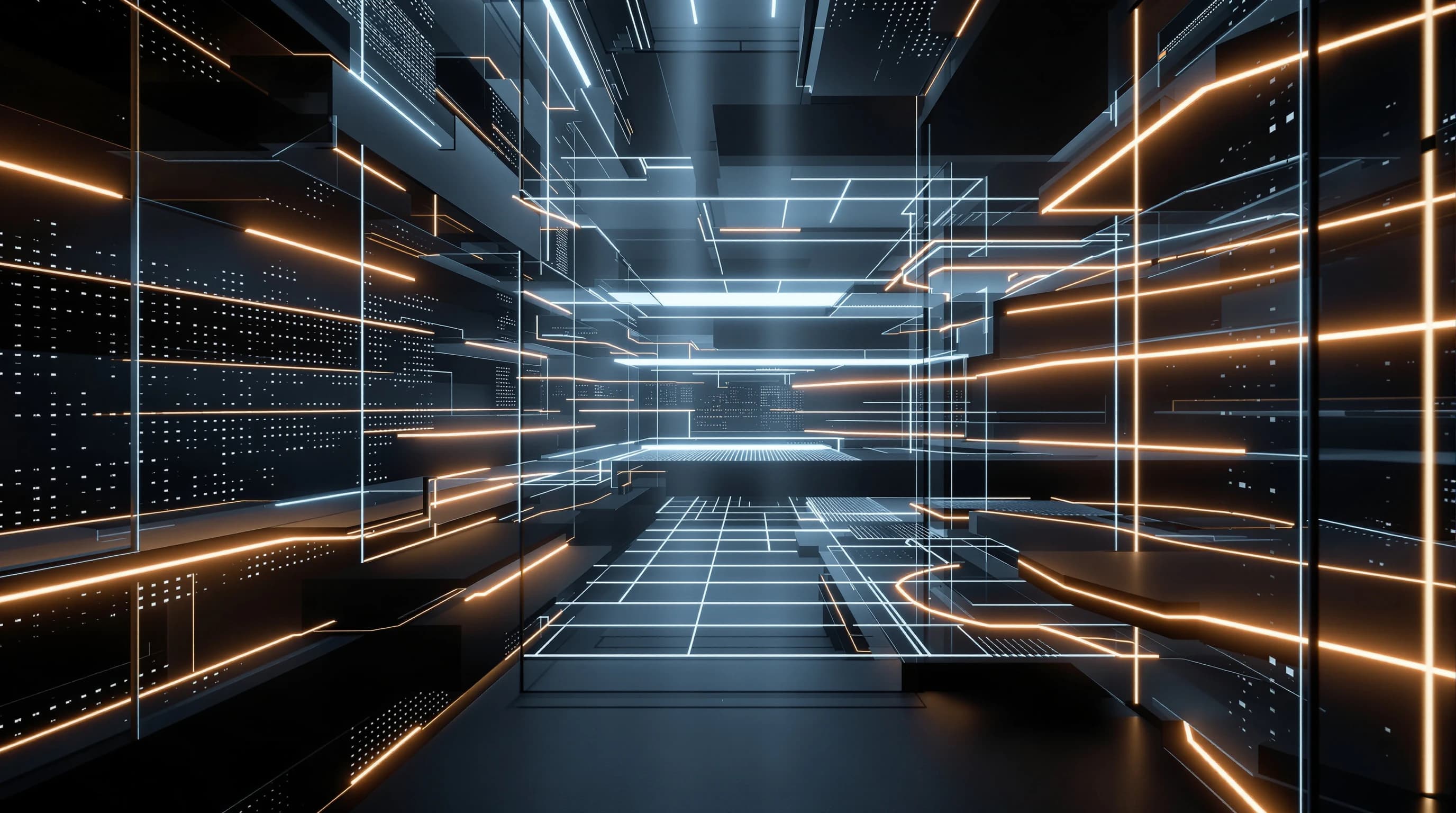 Abstract 3D architectural visualization with layered geometric structures, interconnected nodes, and glowing pathways in dark tones with warm lighting, representing governance frameworks and control systems.