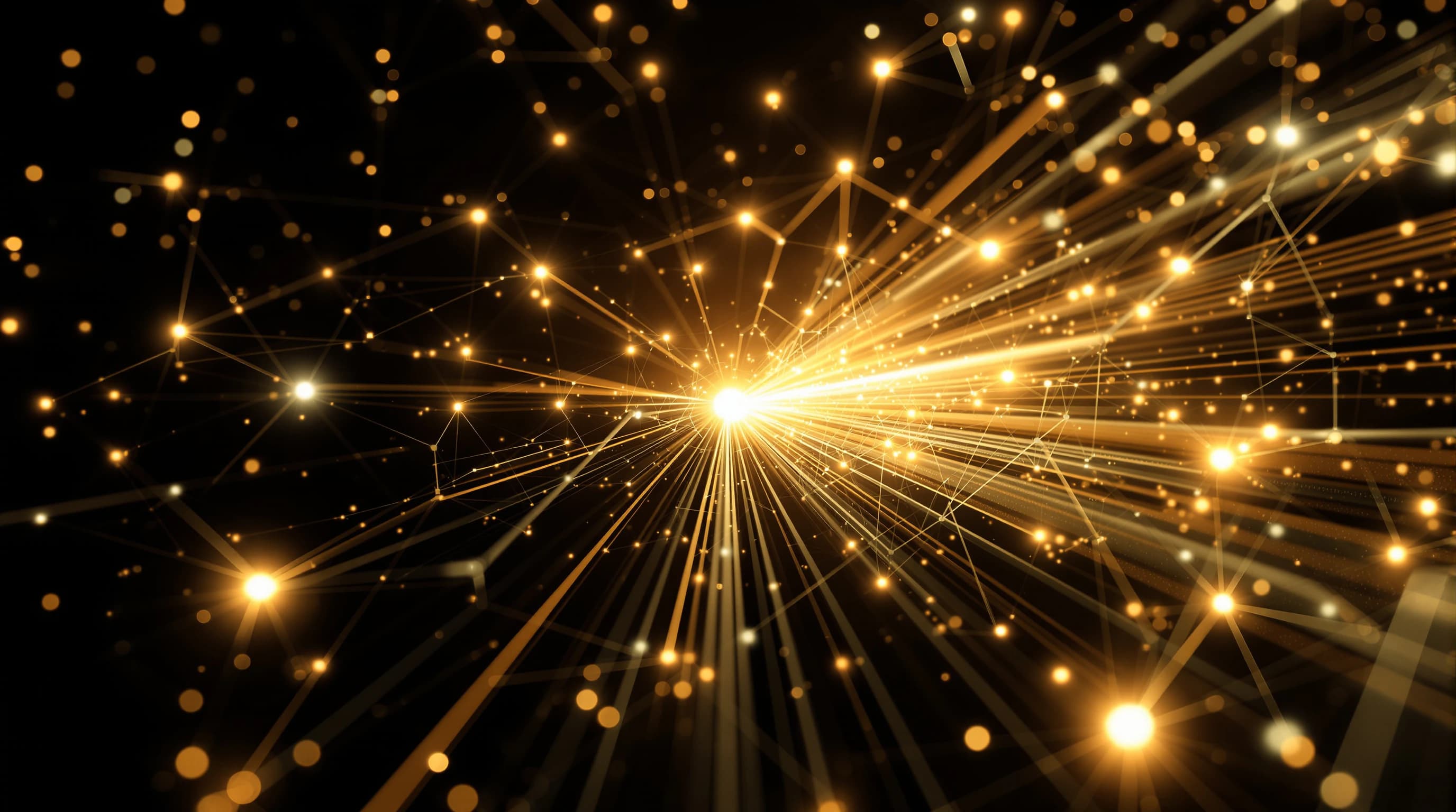 Abstract visualization showing interconnected geometric nodes and flowing lines in warm cream and amber tones against a dark background, with a central glowing node representing a human decision point within an automated system network.