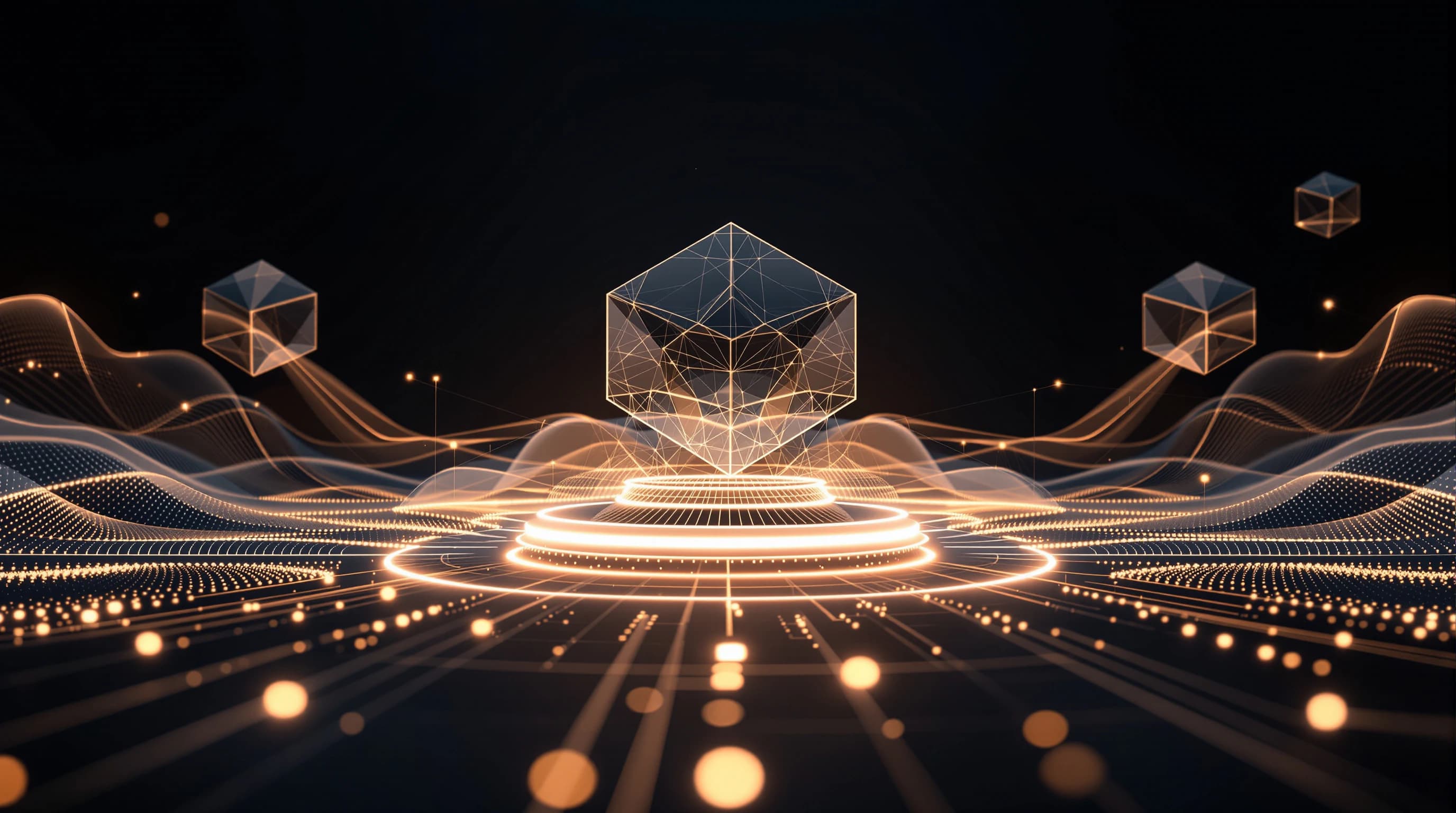 Abstract illustration of three interconnected nodes linked by flowing lines and geometric pathways against a dark background, representing protocol standardization and data integration.