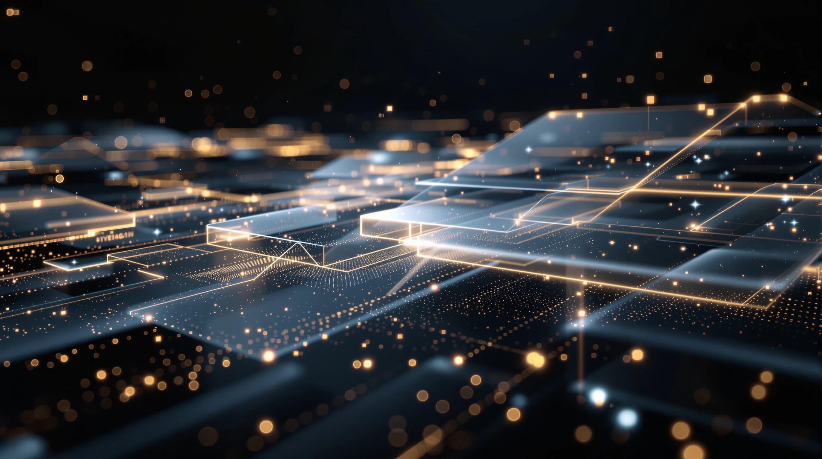 Abstract visualization of layered geometric planes with soft light rays flowing through interconnected networks, representing data transformation and workflow optimization in enterprise systems.