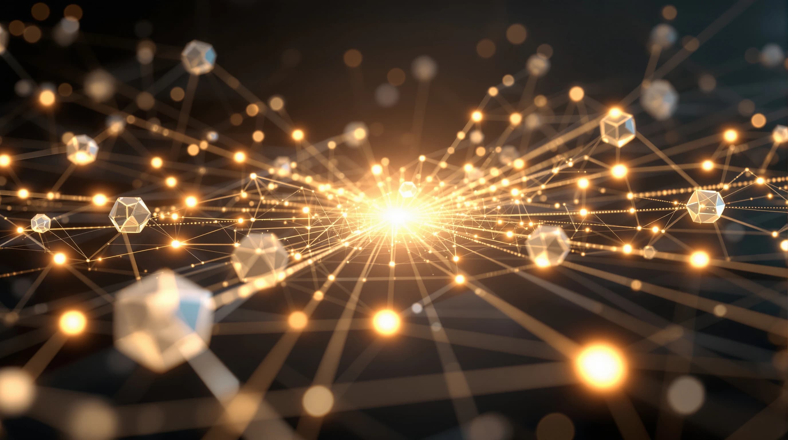 Abstract 3D visualization showing interconnected geometric nodes connected by flowing data streams, representing unified system integration and standardized connectivity.