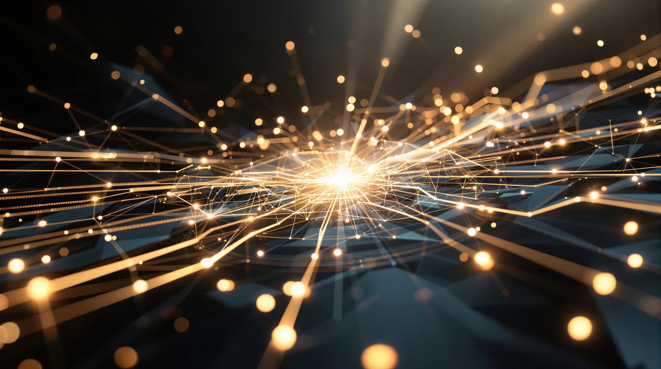 Abstract visualization of interconnected geometric nodes and glowing pathways converging toward a central point, representing standardized protocol integration with volumetric light rays and network patterns.