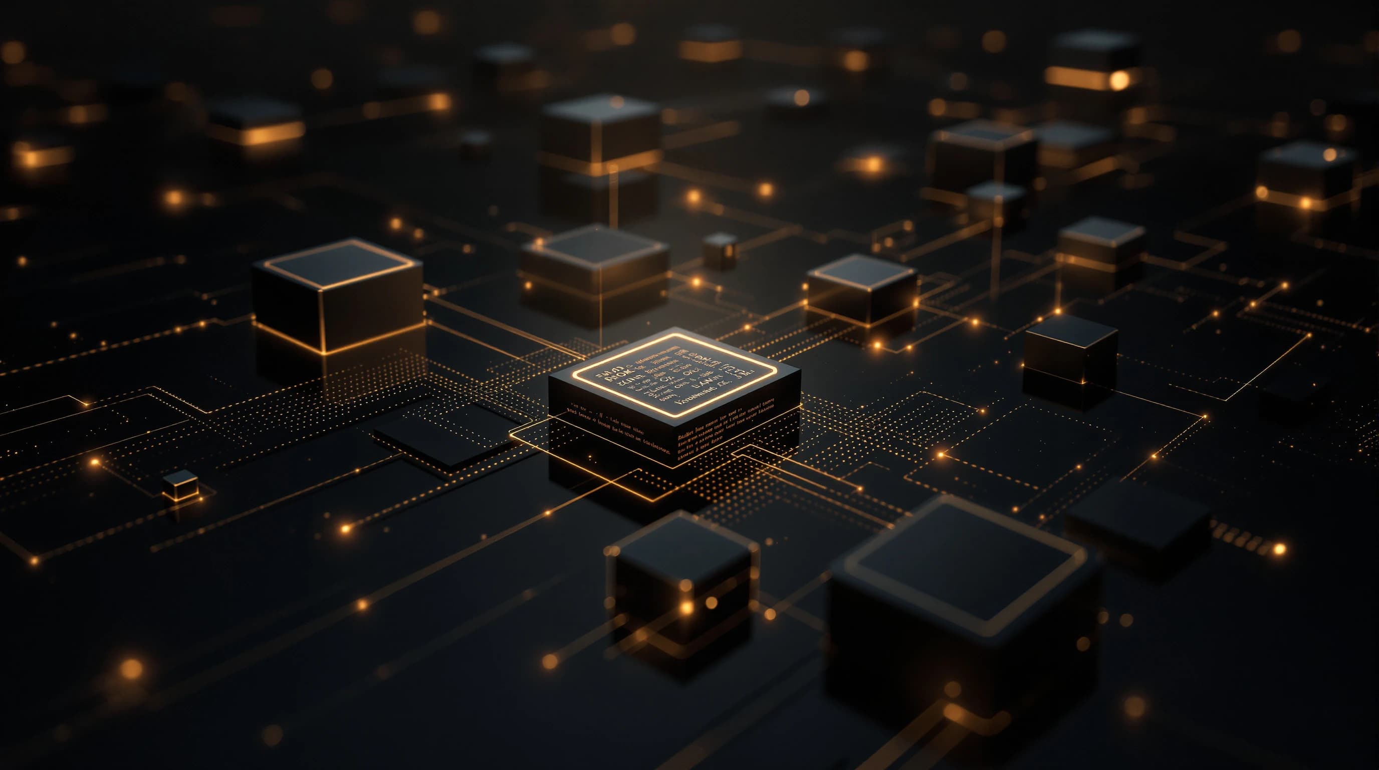Abstract architectural visualization showing interconnected modular components with geometric shapes and luminous data streams flowing between nodes in a dark space, representing composable AI system integration.
