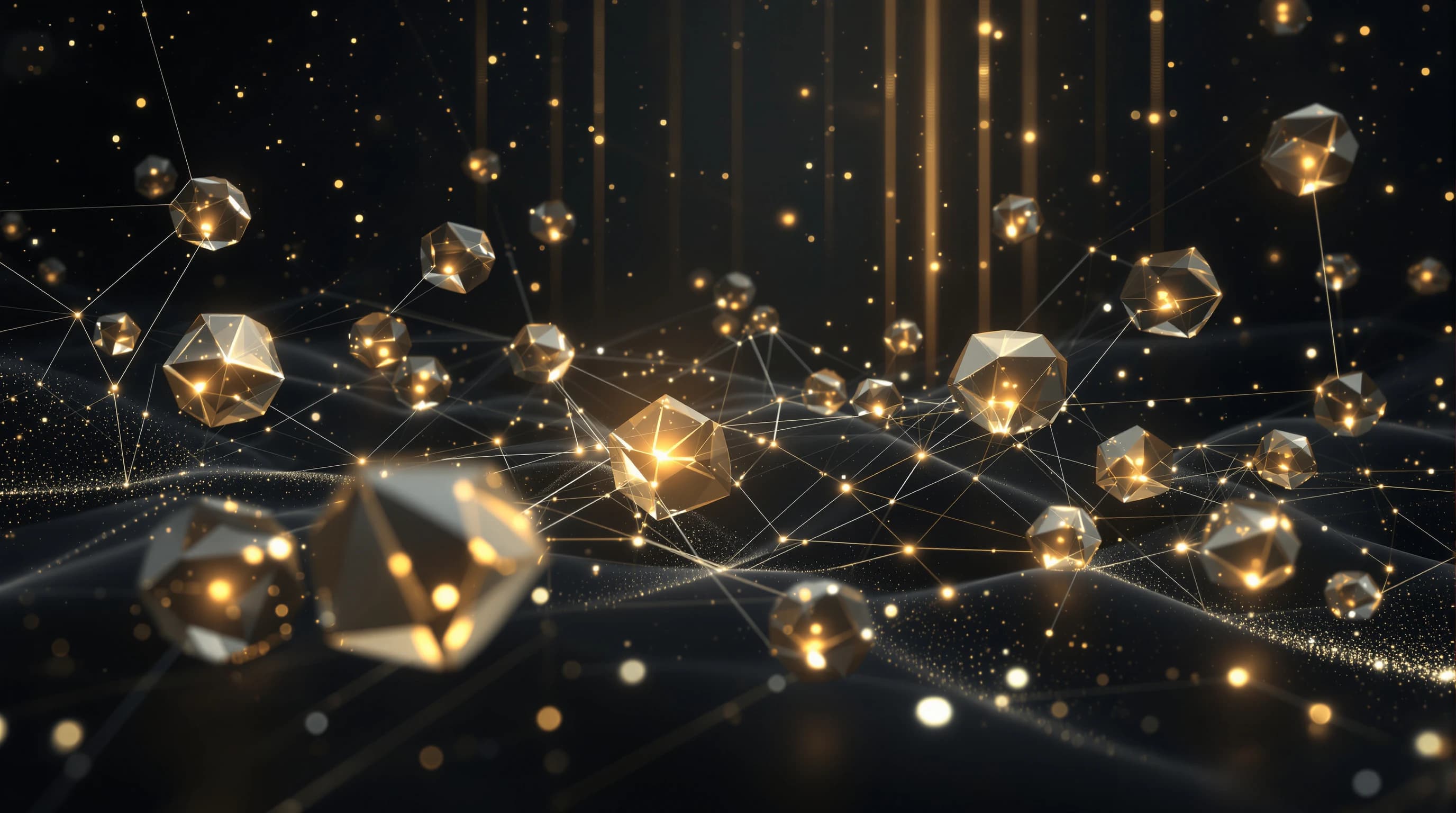 Abstract 3D visualization of interconnected AI agent nodes connected by luminescent data streams, rendered with crystalline geometric forms and volumetric lighting against a dark background.