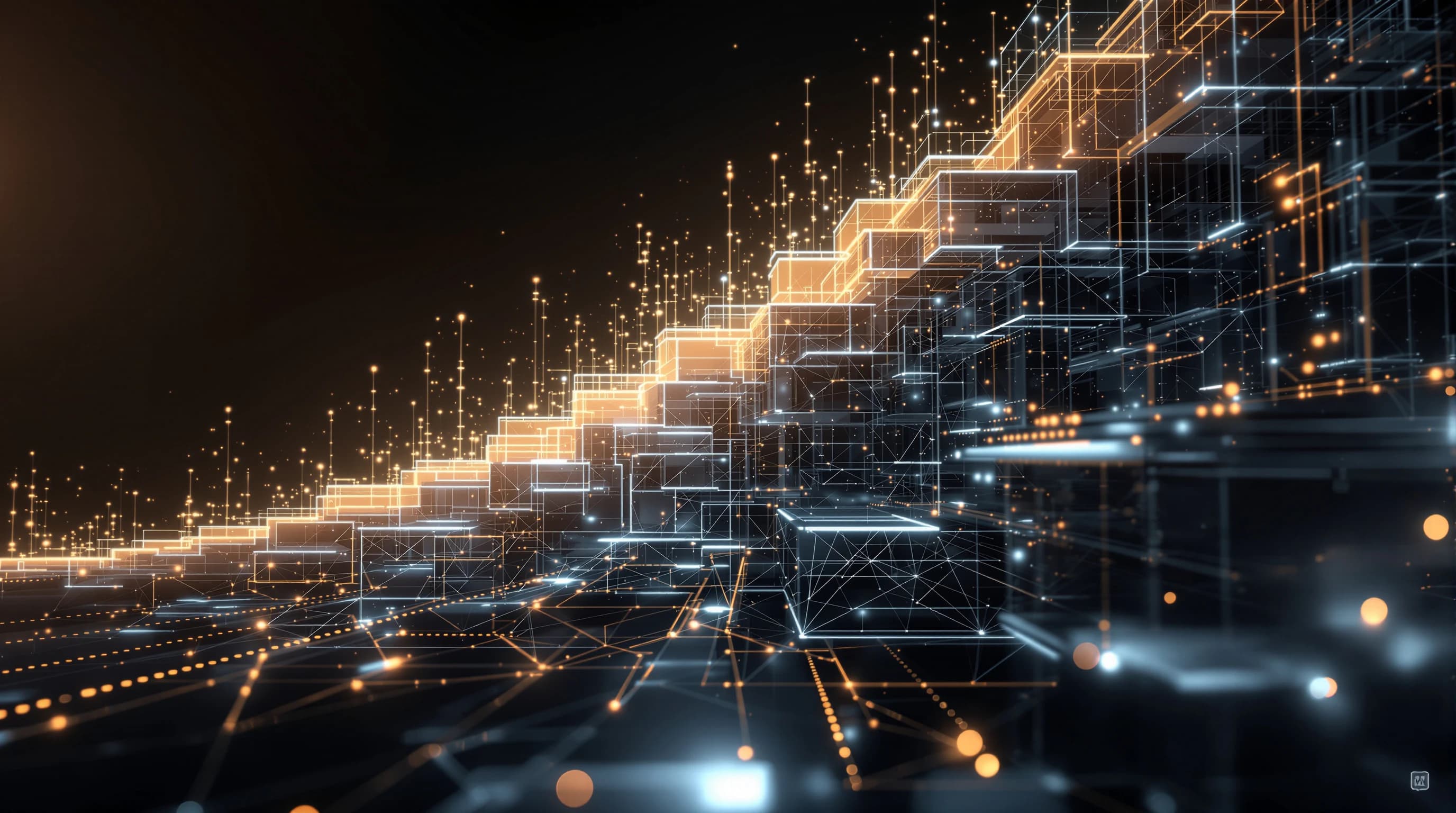 Abstract 3D visualization of interconnected geometric nodes and pathways expanding from a single point into complex layered networks, with warm accent lighting against a dark background, representing system scaling and architectural growth.