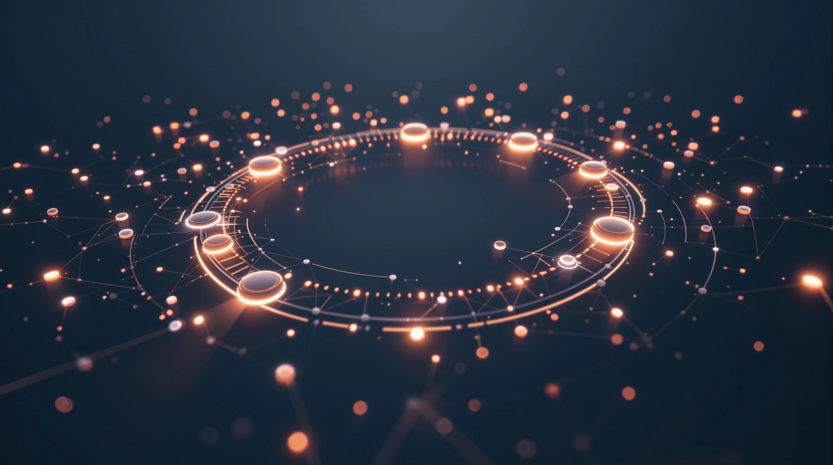 Abstract 3D visualization of interconnected nodes and flowing pathways forming a continuous cycle, representing an AI agent's decision-making loop with geometric shapes illuminated in warm tones against a dark background.