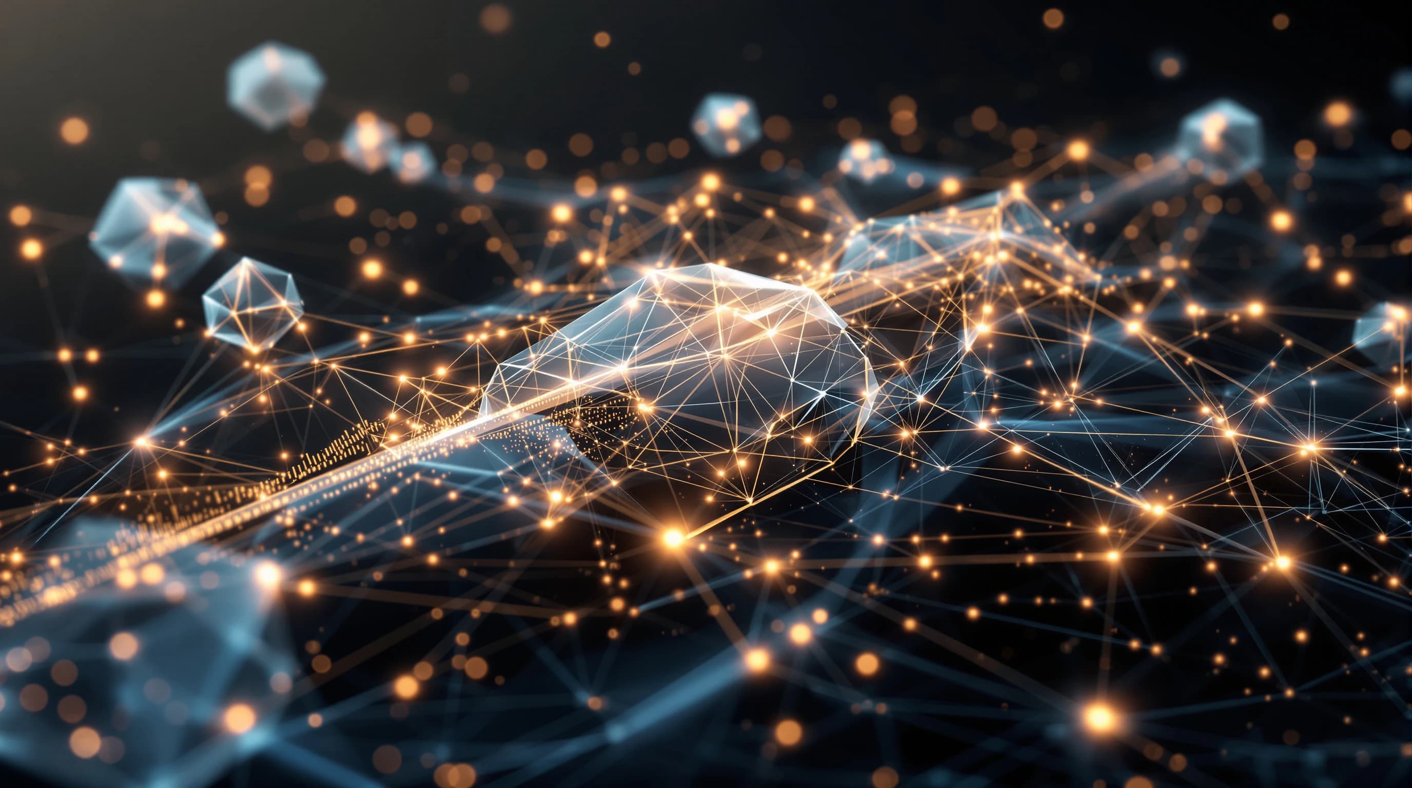 Abstract 3D visualization of interconnected nodes and flowing light streams representing system architecture and data communication protocols, with geometric shapes connected by luminous lines against a dark background.