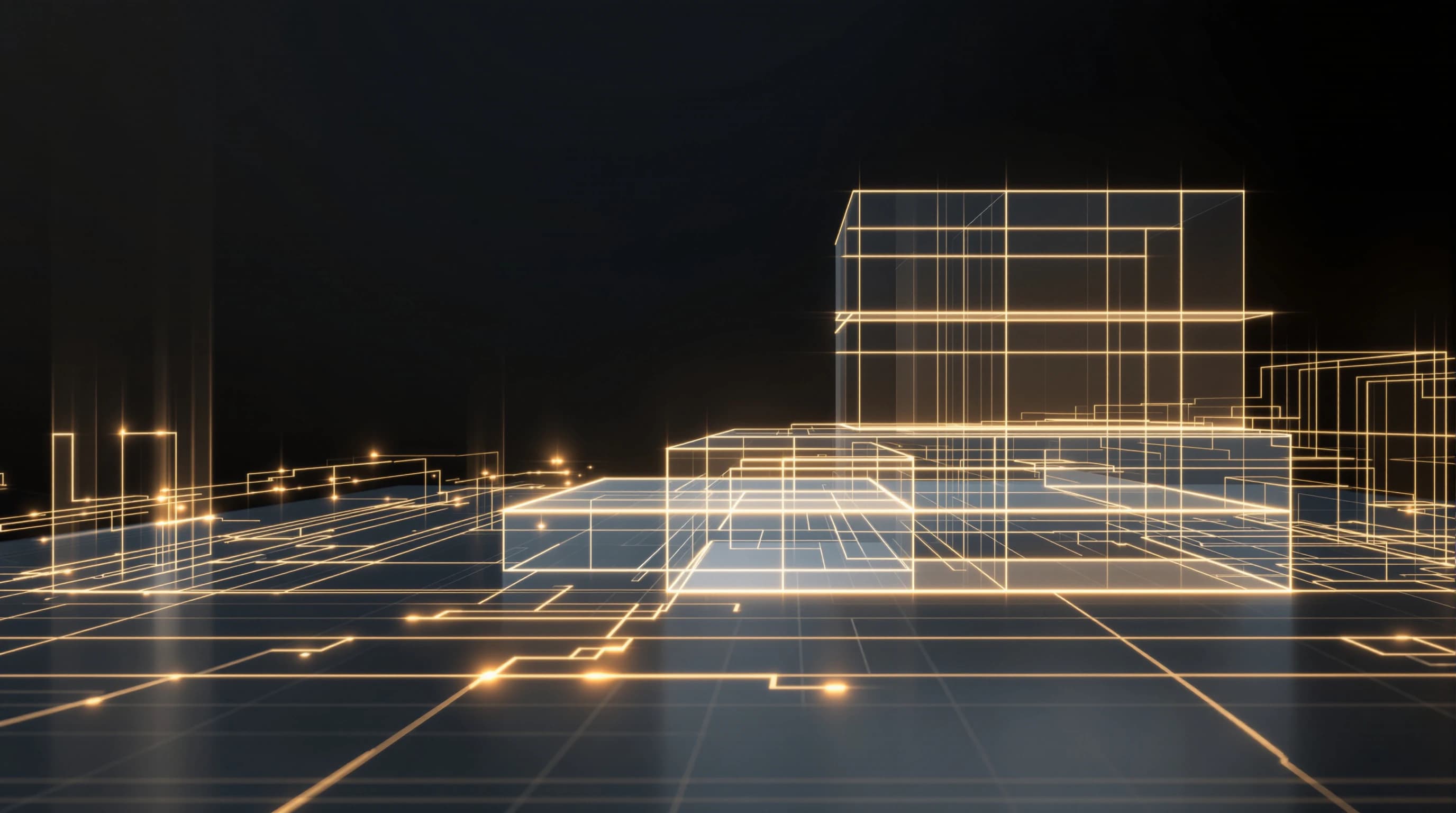 Abstract architectural blueprint with layered geometric structures and interconnected network pathways, representing modular infrastructure systems with volumetric lighting and depth.
