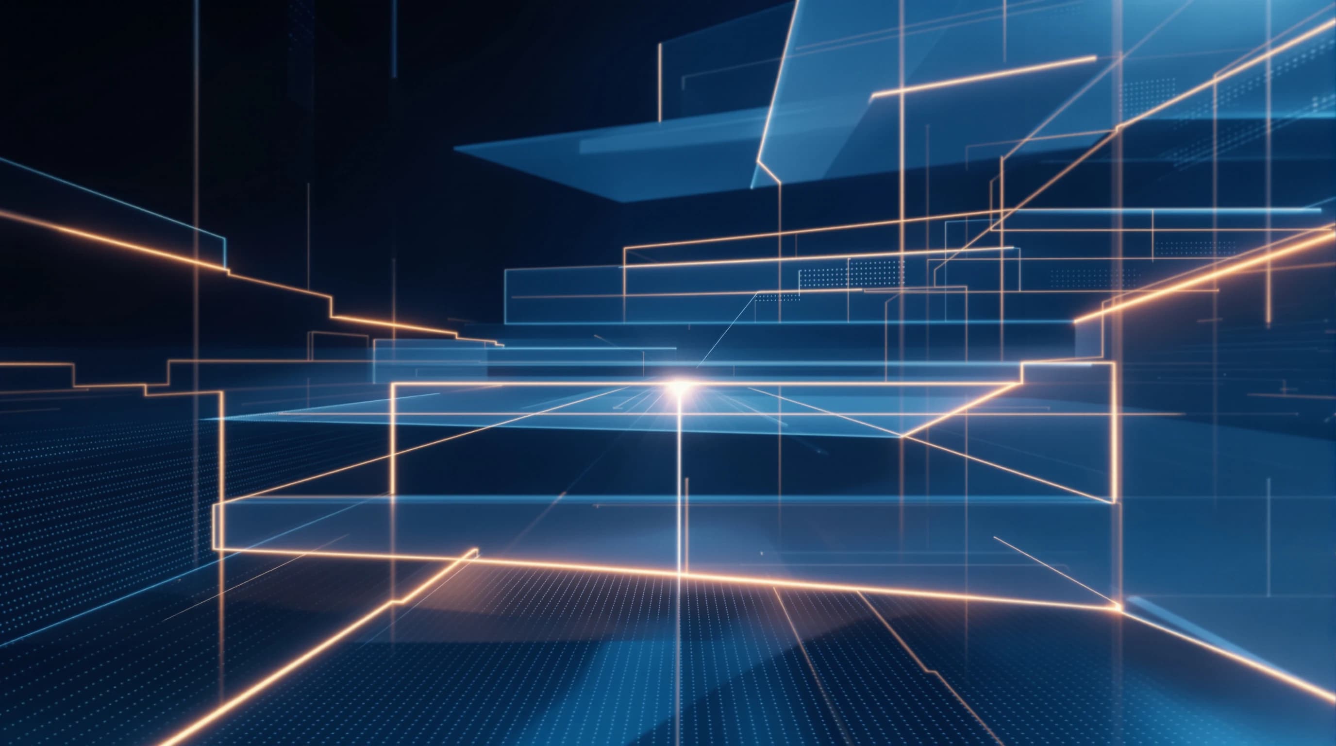 Abstract layered security architecture with geometric planes, translucent barriers, and interconnected nodes in warm cream tones against a dark background, representing nested protection and controlled access systems.