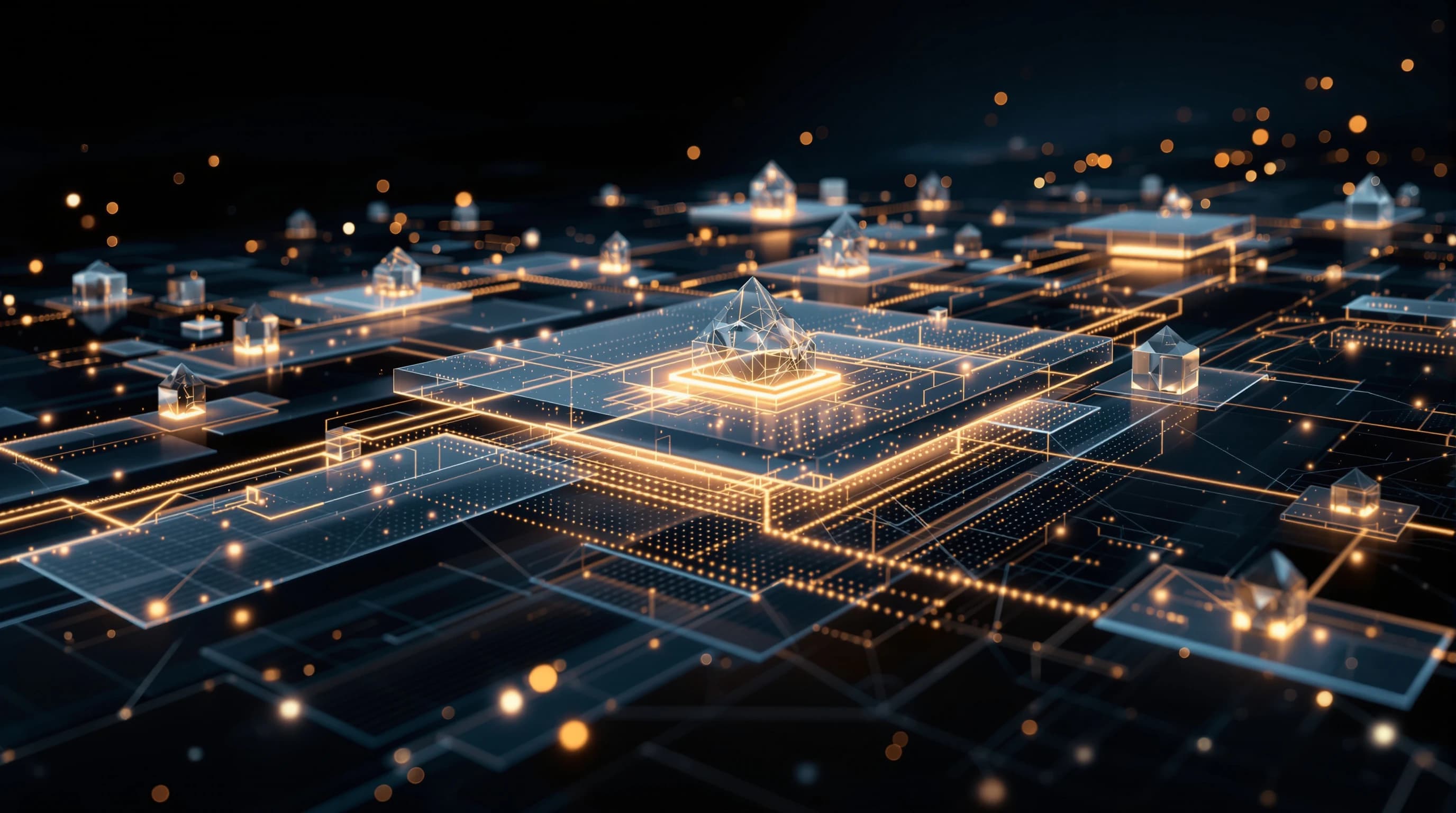 Abstract visualization of interconnected geometric layers and flowing pathways representing enterprise system architecture, with crystalline structures and illuminated nodes symbolizing tool integration points against a dark background.