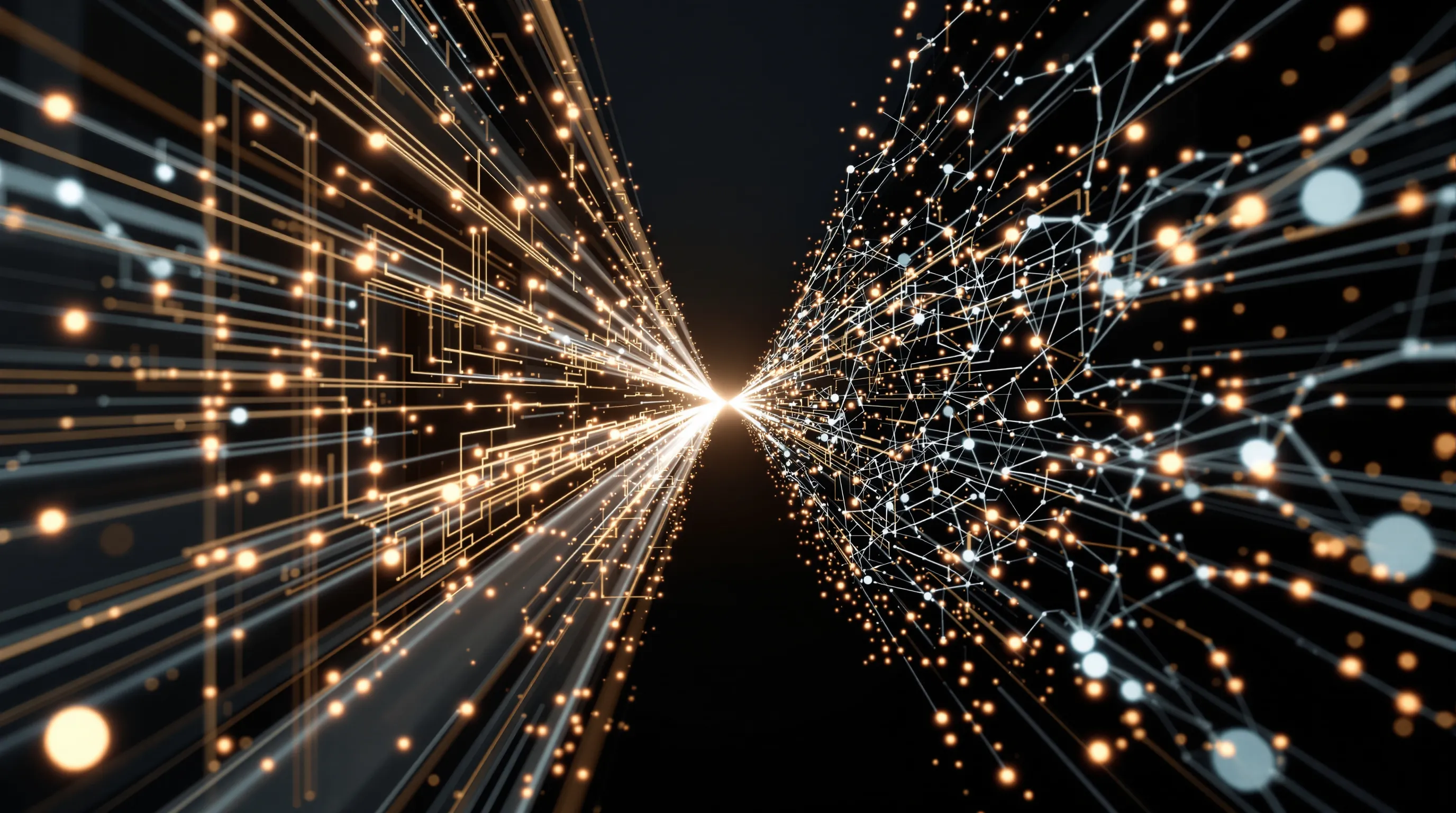 Abstract 3D visualization contrasting two AI workflow patterns: a structured geometric pipeline with parallel lines on the left versus organic branching pathways with adaptive nodes on the right, converging in the center against a dark background.