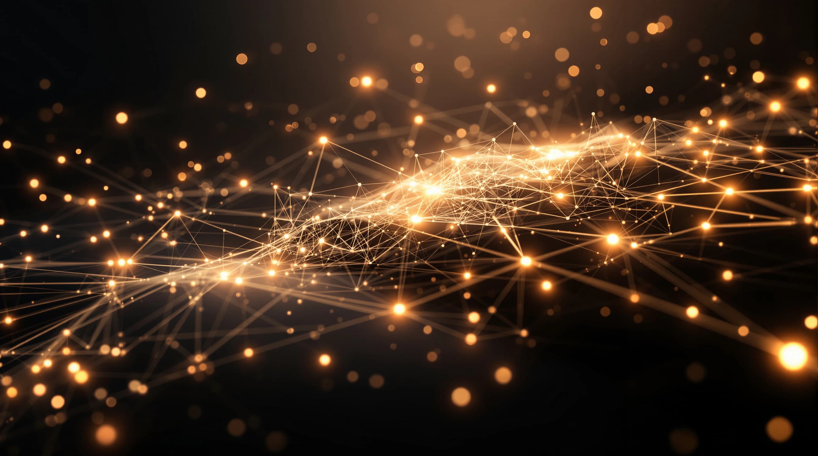 Abstract visualization of interconnected nodes and data pathways with warm cream-colored lines converging into a unified network structure against a dark background, representing enterprise integration architecture.