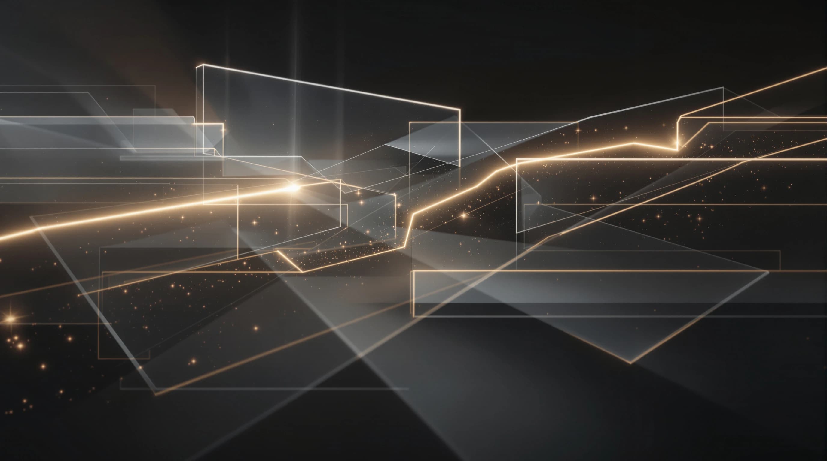 Abstract architectural visualization showing intersecting geometric planes with a glowing cream-colored line tracing through dark space, pausing at illuminated nodes to represent decision points in AI systems.