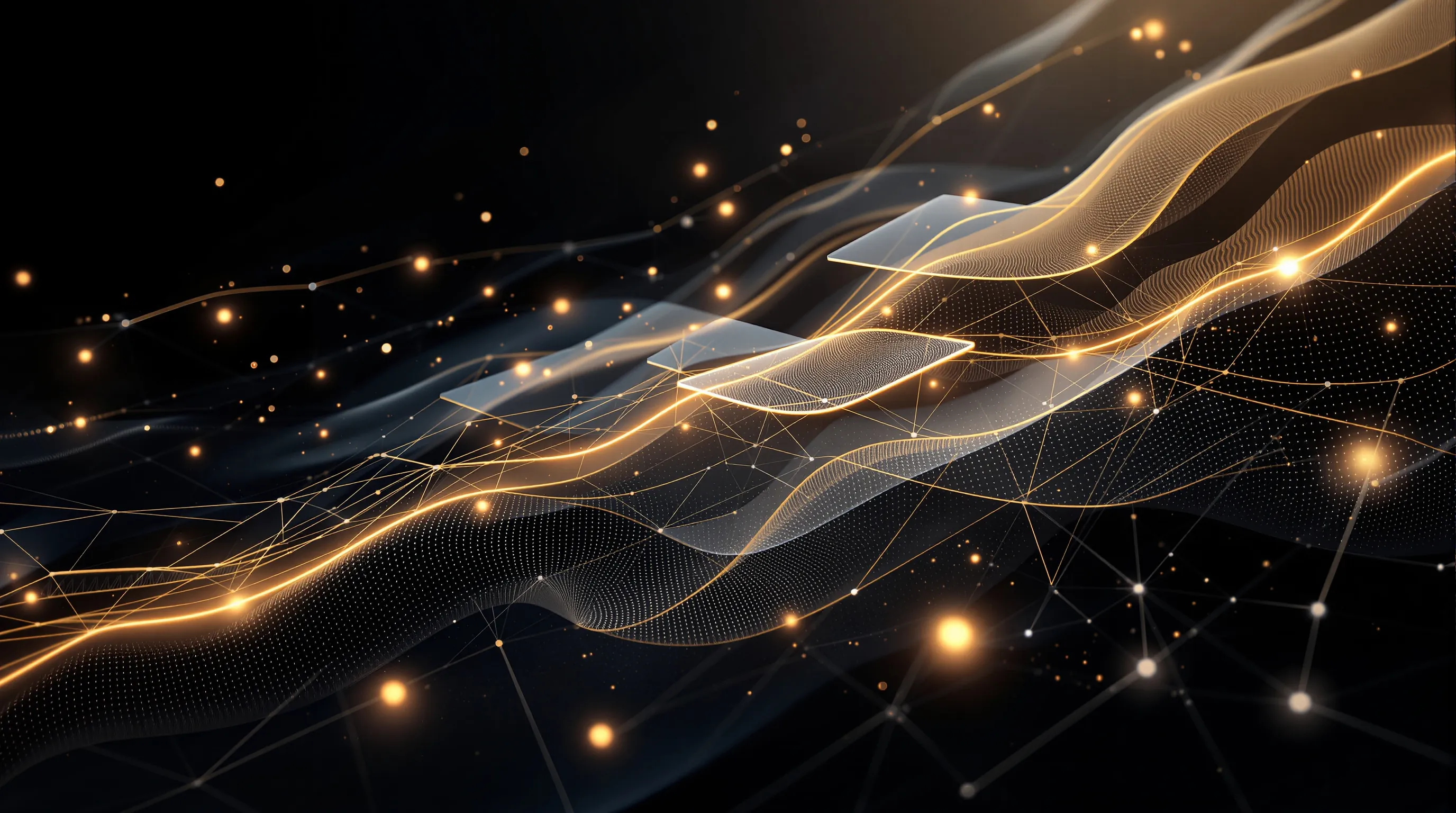 Abstract 3D visualization of interconnected nodes and pathways on a dark background, with cream-colored geometric elements and golden highlights representing decision points where humans and AI systems interact in automated workflows.