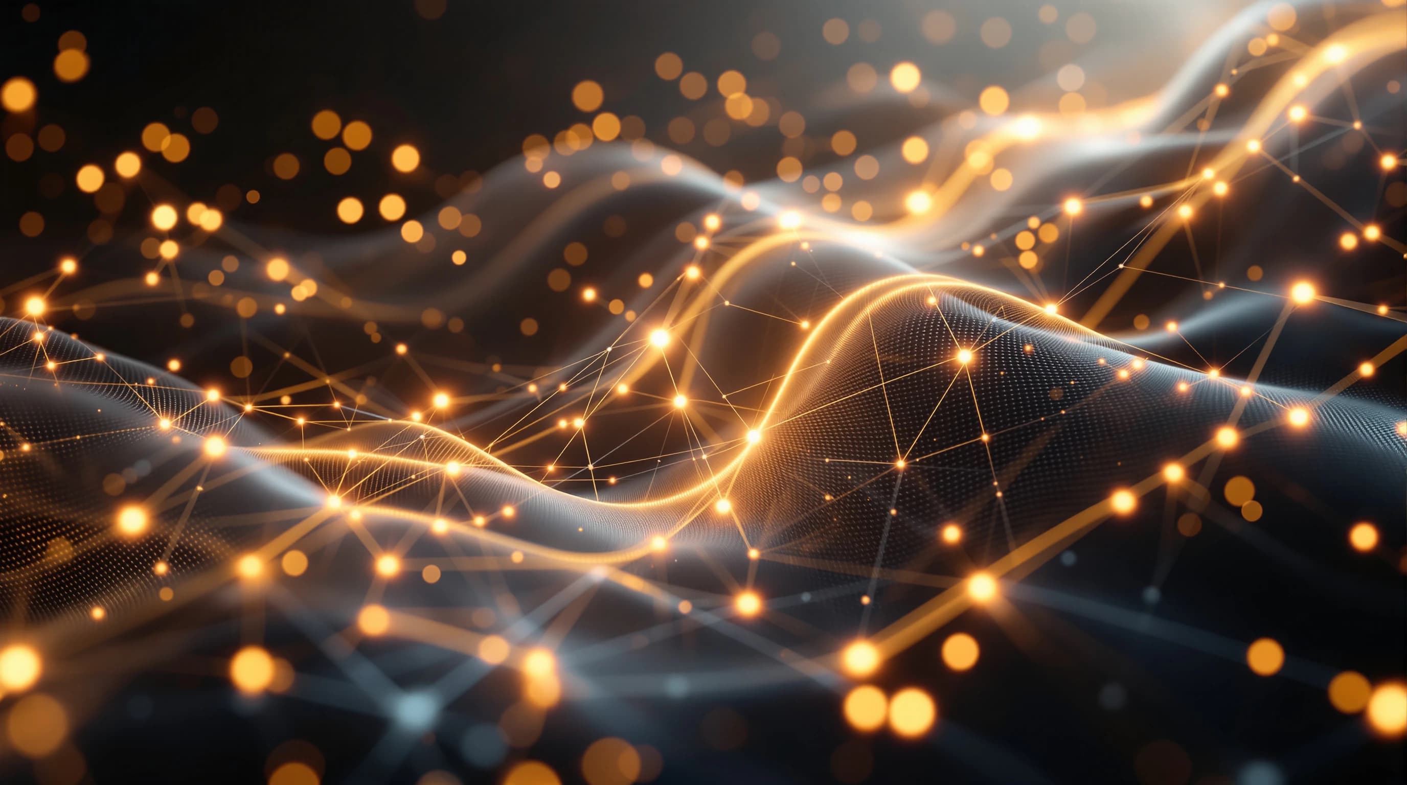 Abstract 3D visualization of interconnected network nodes with glowing points and flowing data streams converging across a dark background, representing complex system architecture and data relationships.