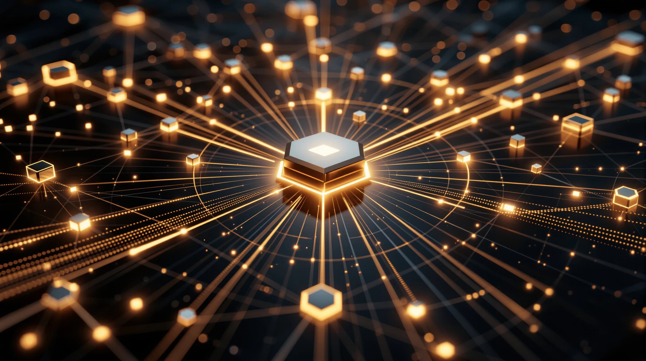 Abstract 3D visualization of interconnected network nodes and geometric pathways in cream and dark tones, representing a centralized protocol architecture with radiating data flows.