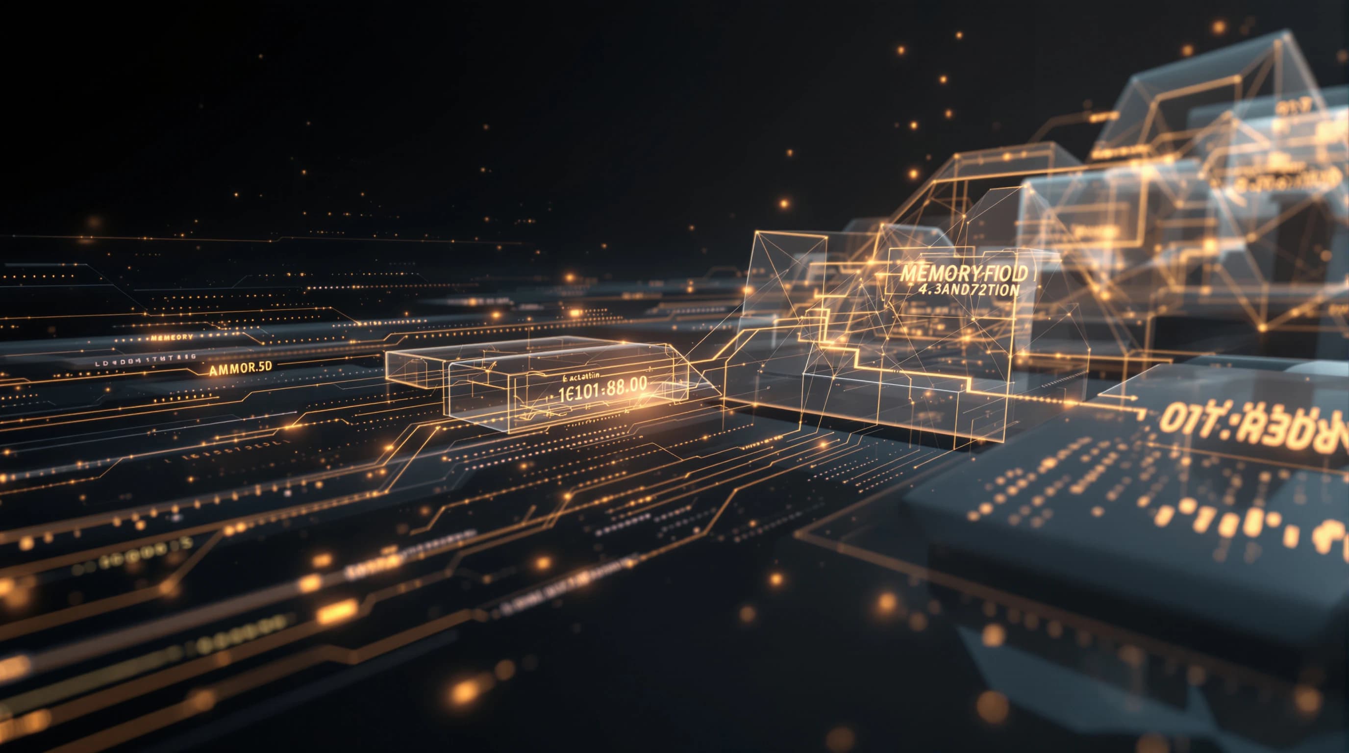 Abstract digital visualization showing layered translucent planes with warm light pathways connecting geometric nodes, representing data flow and memory architecture in AI systems.