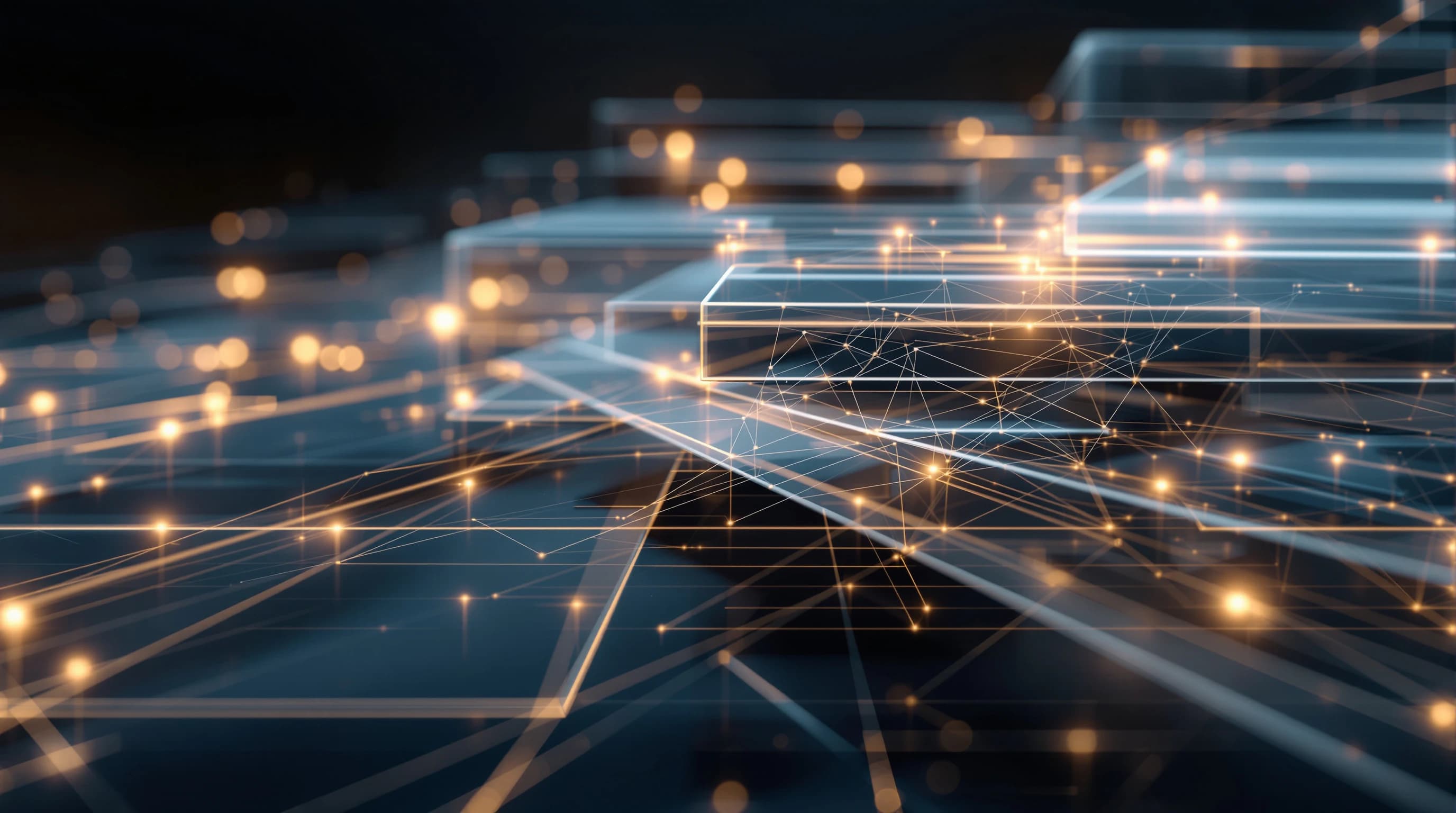Abstract visualization of layered geometric planes and interconnected data nodes representing enterprise infrastructure and systematic architecture.