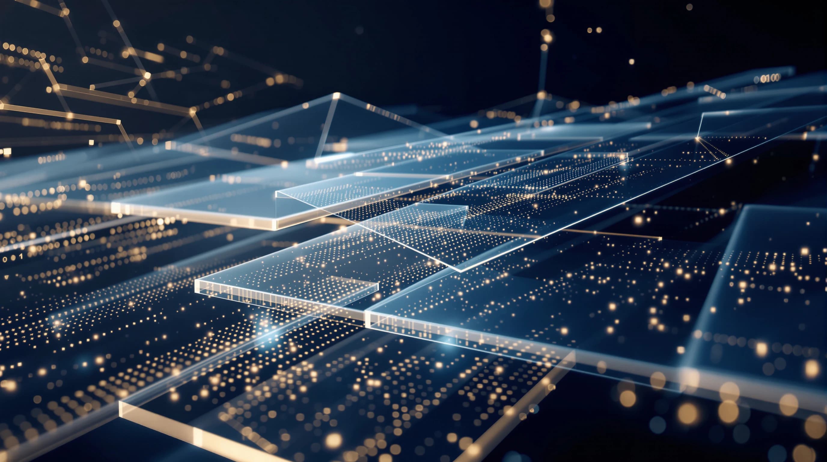 Abstract layered geometric planes with data pathways flowing through translucent surfaces in cream tones, representing structured information architecture and AI system optimization.