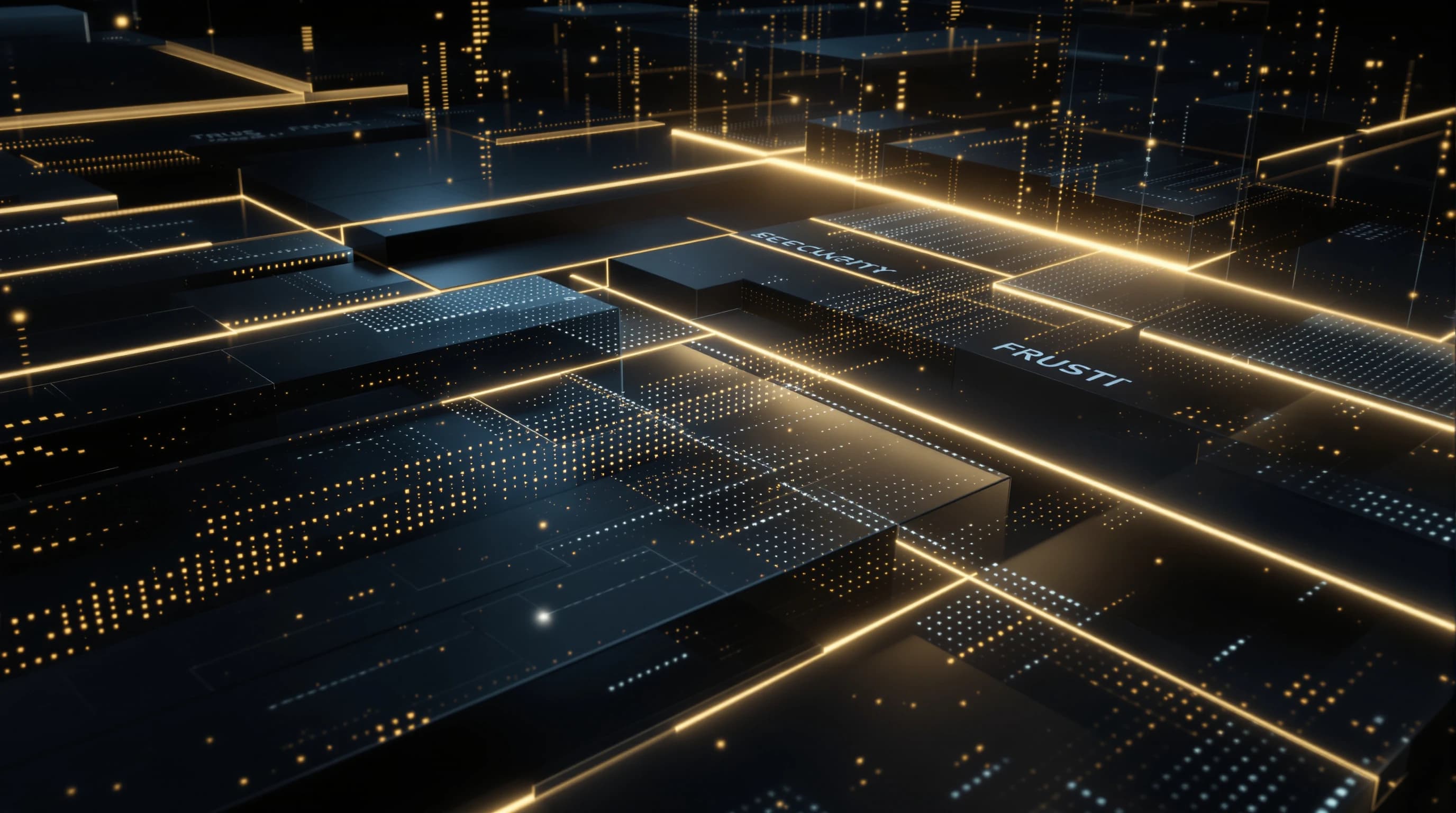Abstract visualization of layered security architecture with geometric planes, glowing access control pathways, and contained data streams representing protected credential boundaries and trust zones.